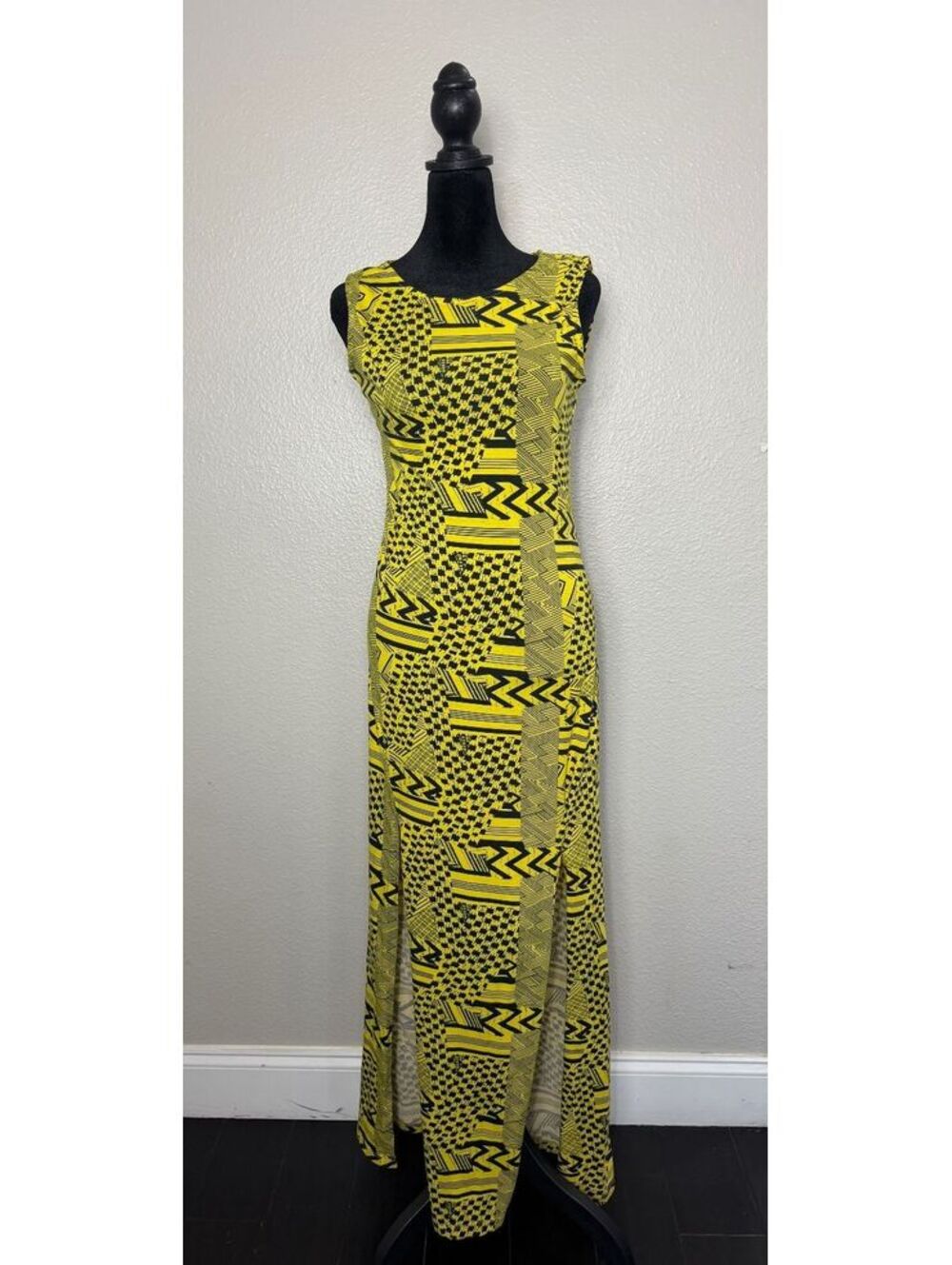 Maximalist Geometric Double Slit Yellow Maxi Dress Medium